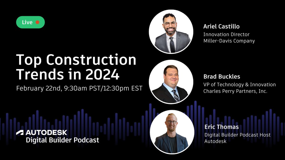 Join our VP of Technology and Innovation for a live episode of the #DigitalBuilderPodcast with @adsk_construct on Feb. 22, at 12:30 PM ET. Explore construction trends for 2024 and how tech can help manage the labor crisis. Register &amp; join with this link: linkedin.com/events/digital…