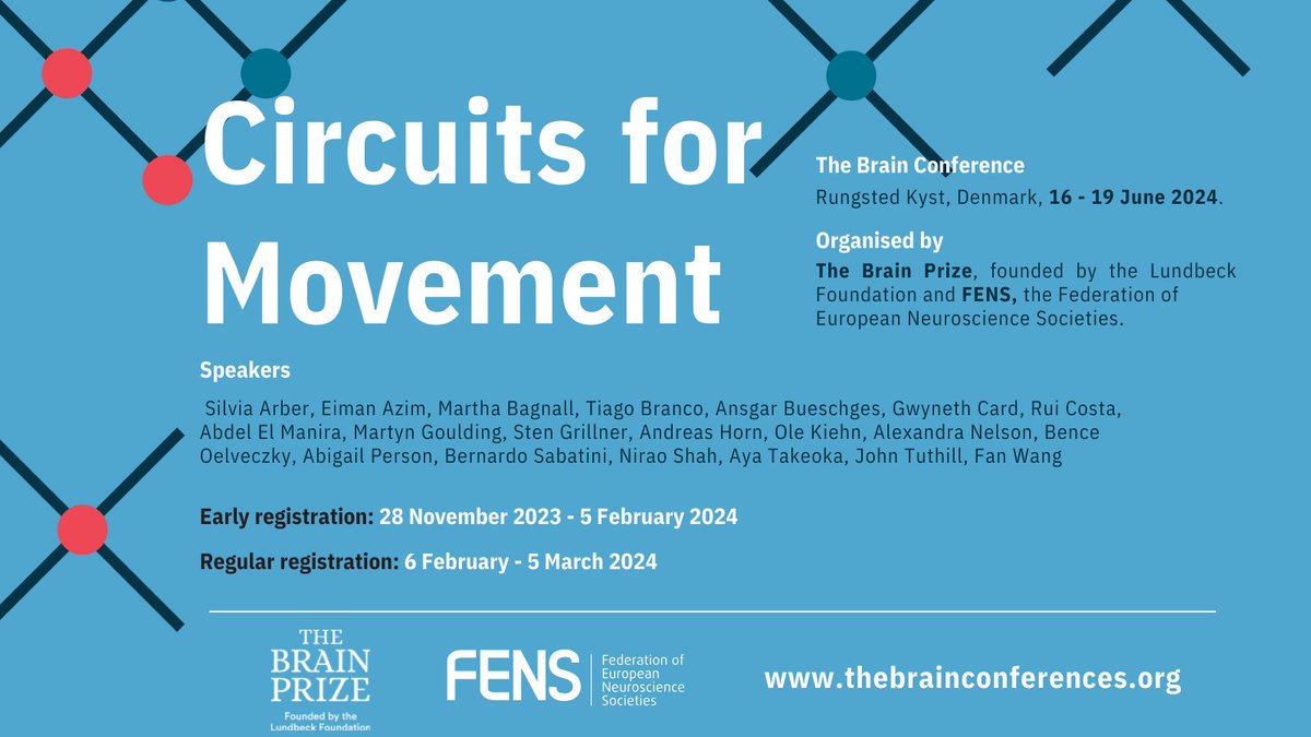 🚀 Only two weeks left to register for the #BrainConference Circuits for Movement! 🏃‍♂️ The conference will focus on recent advances in understanding the operating principles of neuronal circuits for motor control. Register at: loom.ly/JfsXbi8 @Lundbeckfonden @BrainPrize