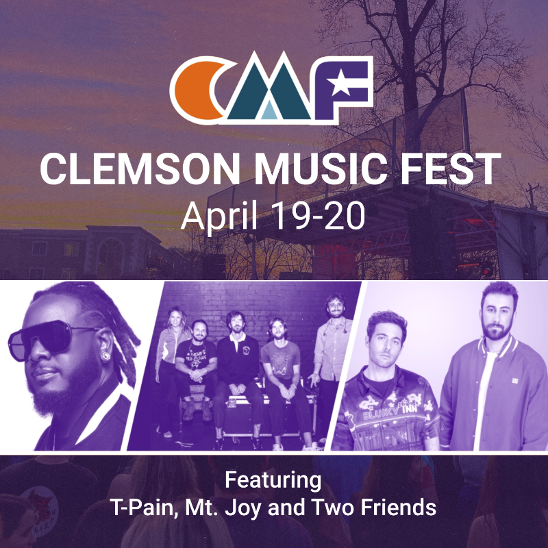 ClemsonUniv's tweet photo. Let's welcome @TPAIN, @MtJoyBand, and @twofriendsmusic to our inaugural Clemson Music Fest lineup!

Early Bird tickets go on sale this Wednesday, February 21, at 8 a.m. Student pre-sale and early access will be emailed out today!