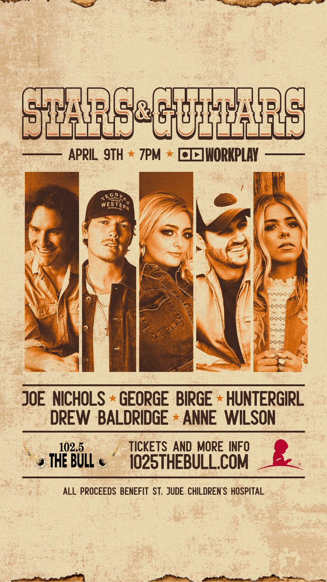 1025thebull's tweet photo. 🚨 CONCERT ANNOUNCEMENT 🚨 our Stars and Guitars concert to benefit 
@Stis back for year 2️⃣🤠❤️🙌 @JoeNichols @GeorgeBirge @huntergirlmusic @Annewilsonmusic @DrewBaldridge @WorkPlayBham April 9th!

https://t.co/jeAvajkiyG https://t.co/xTvfIQsCJo
