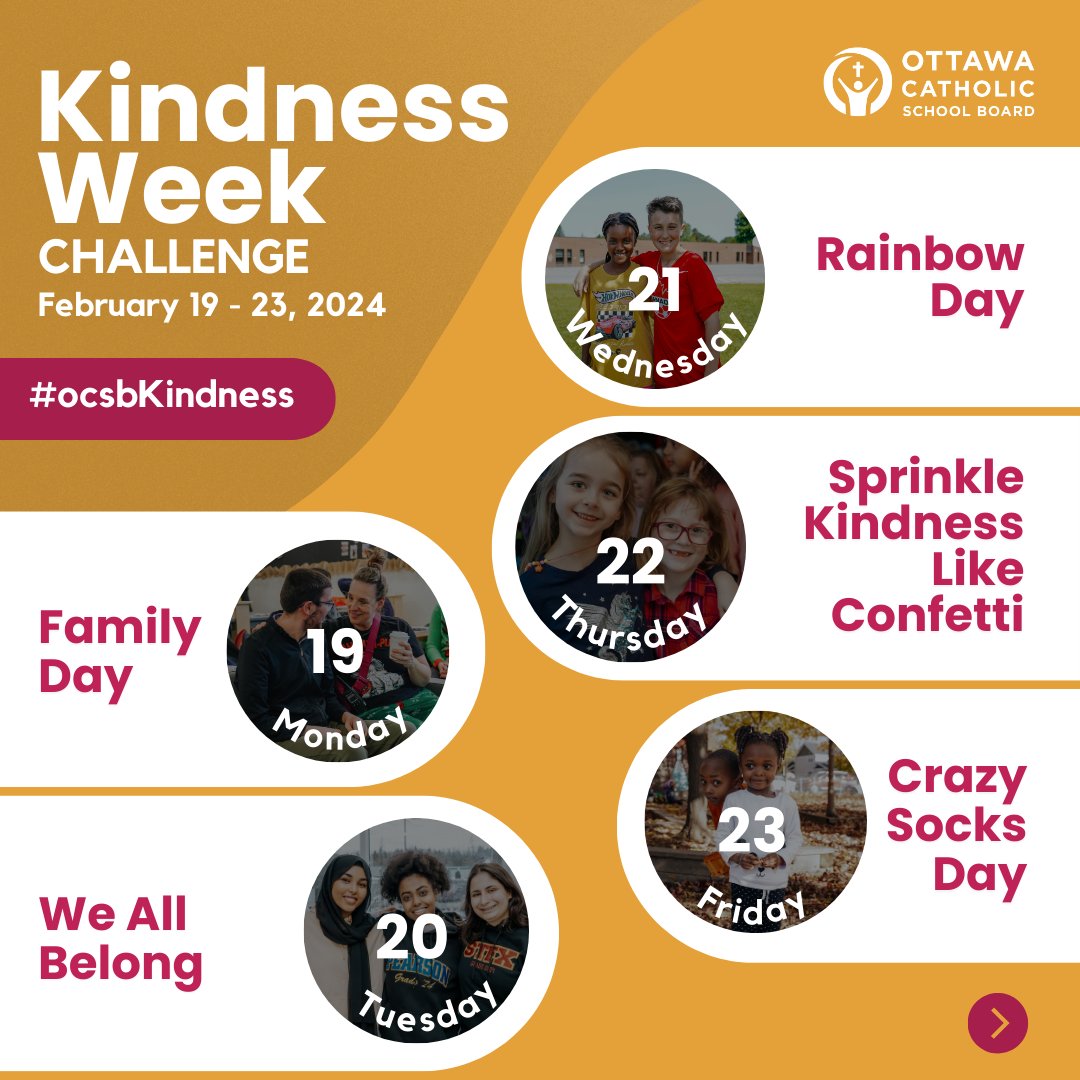 OttCatholicSB's tweet photo. 🎉 Join us in spreading compassion and celebrating the OCSB Kindness Week from February 19 to 23, 2024! Take part in our #ocsbKindness Challenge and help spread #ocsbGratitude throughout our community. 💕 #ocsbBeCommunity @ocsbEquity

🔗 https://t.co/9FSYpJyFOD https://t.co/Eo90kn1rLa