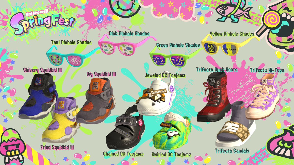 SplatoonNA's tweet photo. To celebrate Spring Fest, special themed gear is on its way! As with previous special gear distributions, you'll need to check SRL News channel on your Nintendo Switch to claim them. SRL will check-in later when it's available. https://t.co/Dyh6NFXSkV