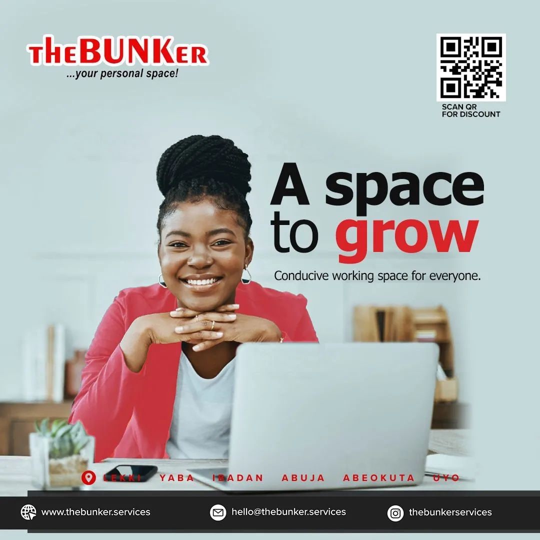 Why bother about electricity issue when you've theBUNKer around you. Up your creativity game daily and work in peace between 8am-9pm daily....

TheBUNKer Abeokuta is located along Jide Jones Okeilewo.

For more details +234 704 374 3343