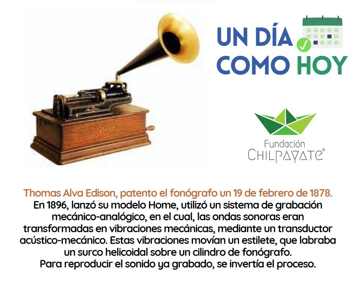 FundChilpayate's tweet photo. Gracias a los inventos de Thomas Alva Edison👨🎓, podemos en nuestros días disfrutar de escuchar música, recuerda #Chilpayate💚 que siempre los grandes proyectos comienzan con una idea 💡.
#undíacomohoychilpayate🗓💚 https://t.co/Q12zkxTV3x