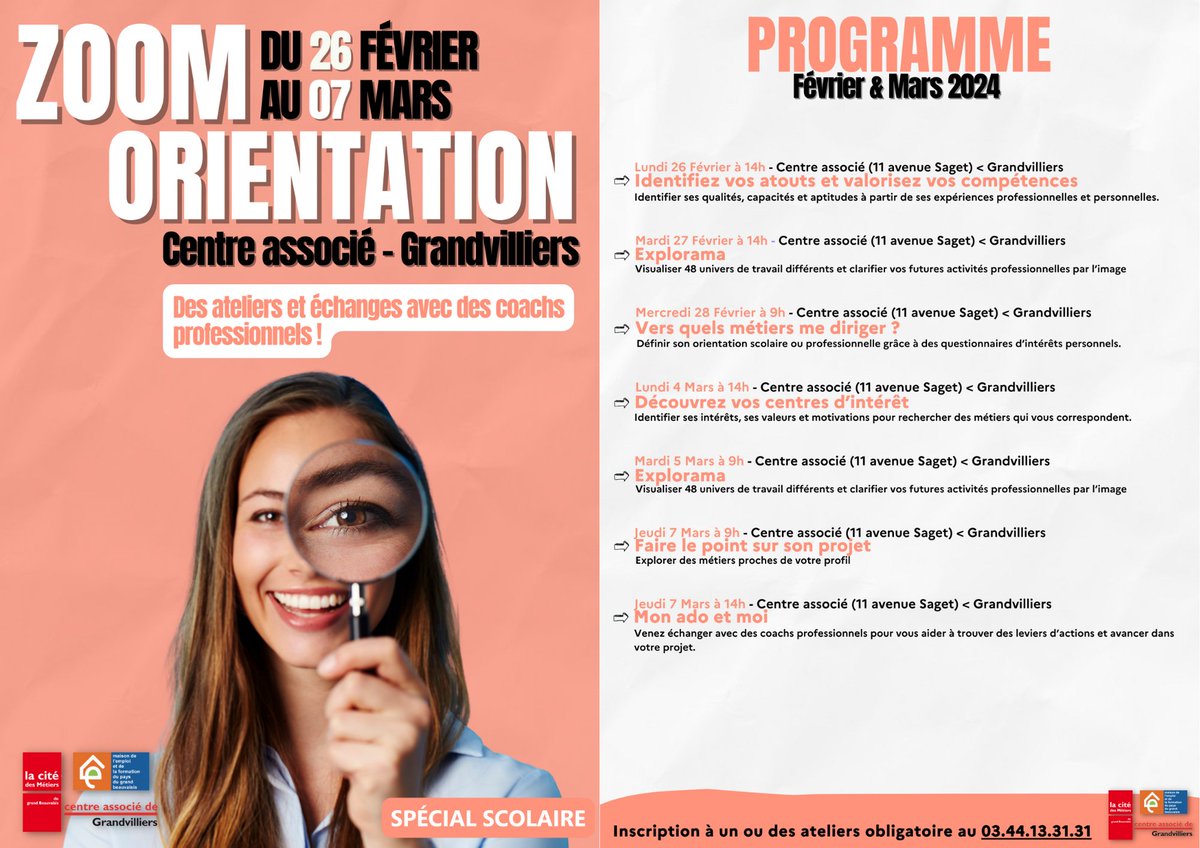 CDMjeunes_Bvs's tweet photo. ❗️ [𝐙𝐨𝐨𝐦 𝐬𝐮𝐫 𝐥’𝐨𝐫𝐢𝐞𝐧𝐭𝐚𝐭𝐢𝐨𝐧 – 𝐮𝐧𝐞 𝐬𝐞𝐦𝐚𝐢𝐧𝐞 𝐝𝐞́𝐝𝐢𝐞́𝐞 𝐚̀ 𝐥’𝐨𝐫𝐢𝐞𝐧𝐭𝐚𝐭𝐢𝐨𝐧 !] ❗️
👉Retrouvez  nos ateliers pour la semaine autour de l’orientation  au centre associé de Grandvilliers (11 avenue Saget) ! https://t.co/6mDwbXeayd