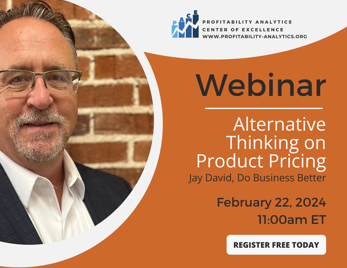 💲How to Think Differently About Product #Pricing 💲
Join us for a #webinar on February 22, 2024 at 11:00am ET to hear from costing expert Jay David of Do Business Better on this subject. tinyurl.com/3yas5v5t @NJCPA <a href="/MinneapolisIMA/">IMA Minneapolis Chapter</a>