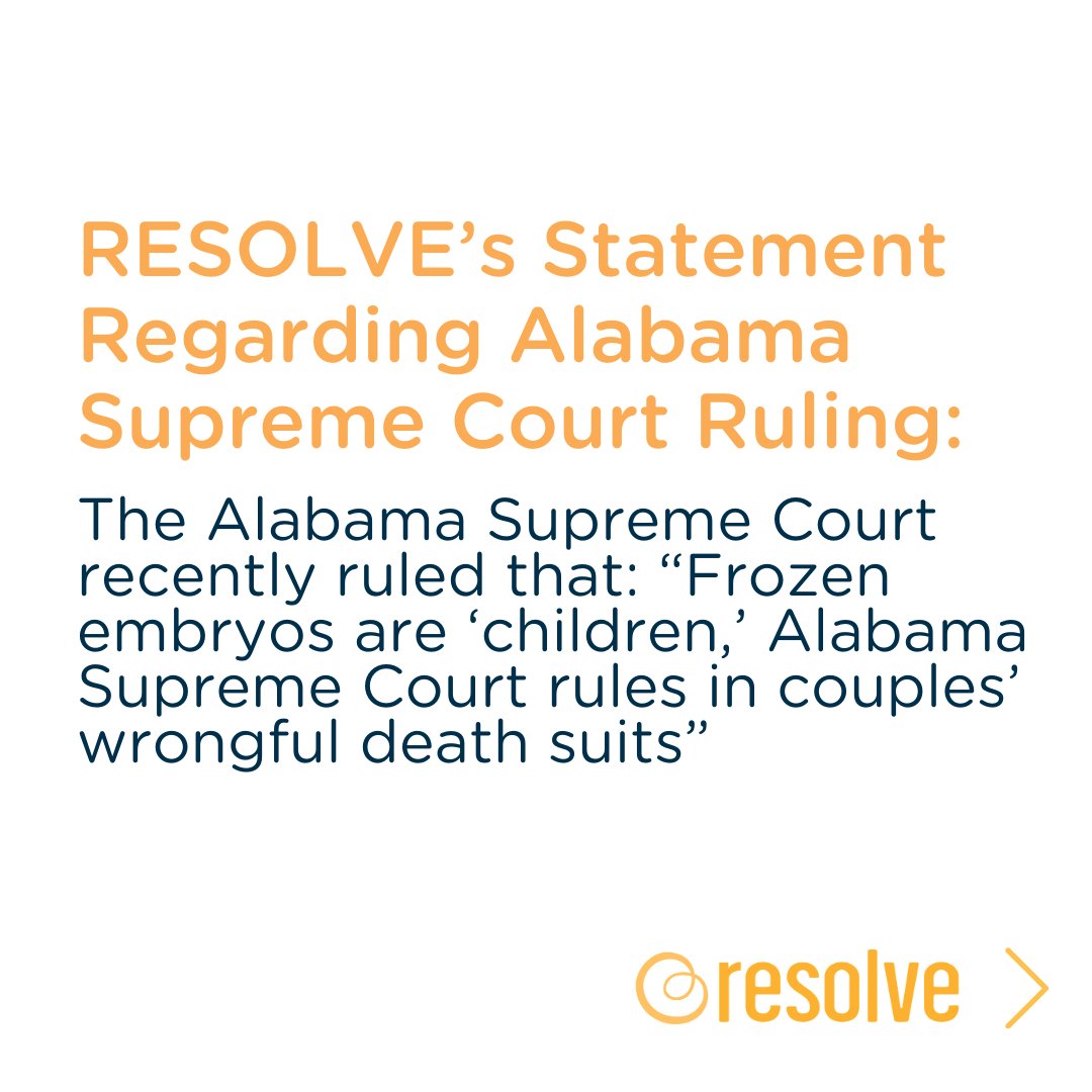 resolveorg's tweet image. The Alabama Supreme Court recently ruled that “Frozen embryos are ‘children,’ Alabama Supreme Court rules in couples’ wrongful death suits.” This ruling has profound implications far beyond Alabama’s borders.  Take action. Sign up for RAN➡️ act.resolve.org/page/52023/sur…