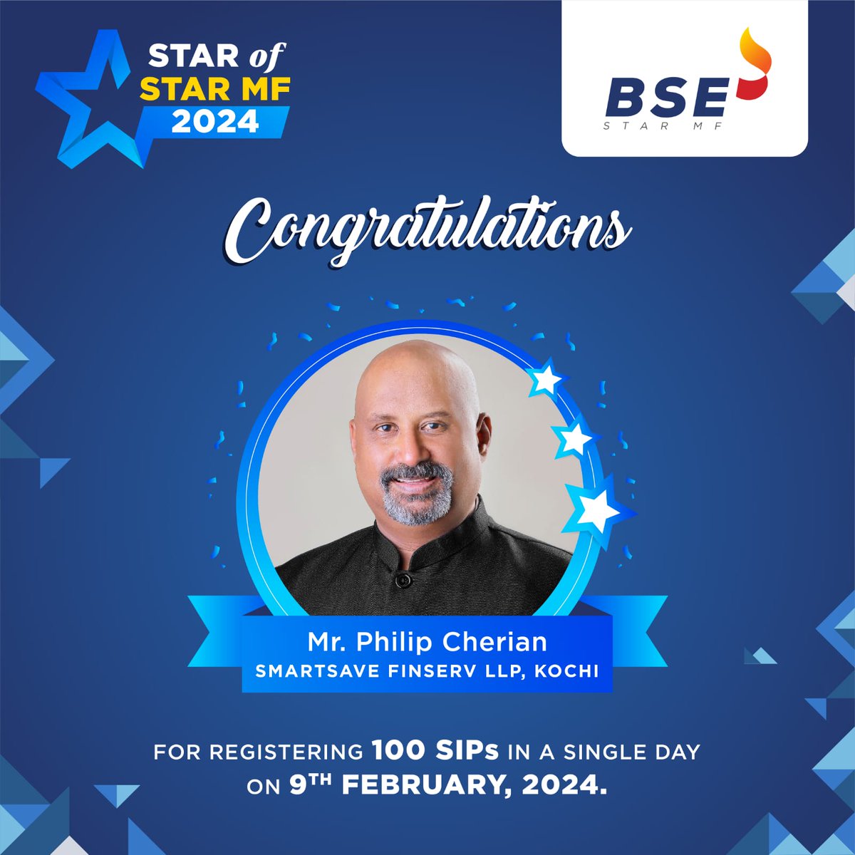 Kudos to Mr. Philip Cherian from Kerala! 3rd successful SIP drive this FY & 100 SIPs registered in a day. #SIPchampion @BSEIndia @SameerPatil2019 @ADS0210 @Smartsavefinse1 @JKetan5 @senthilvelantg1 @cafemutual