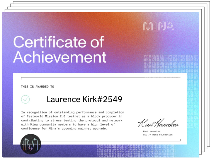 Extropy's tweet image. 🌟 Officially certified by @MinaProtocol! A milestone in our journey with Testworld Mission 2.0. Huge thanks to the @MinaFoundation for this recognition and the incredible experience. Onward to a scalable blockchain future with #MinaProtocol and #ZKSmartContracts! 🚀 #Extropy