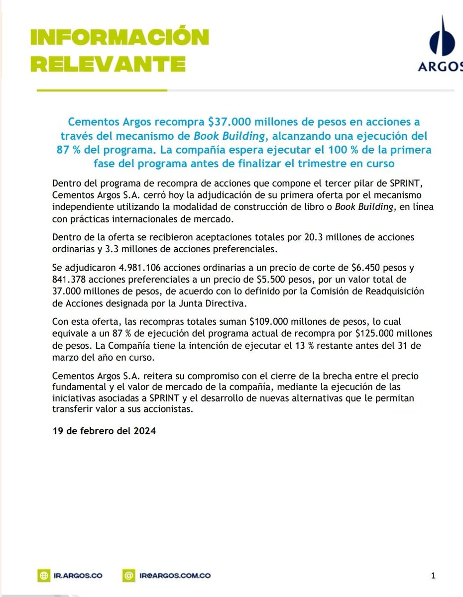 josejournaliste's tweet photo. @Cementos_Argos logró una ejecución del 87% del programa de readquisición de acciones, mediante el mecanismo de #BookBuilding. En total realizó recompras por el orden de los COP$37.000M en acciones. https://t.co/9Iq6Uef4KL