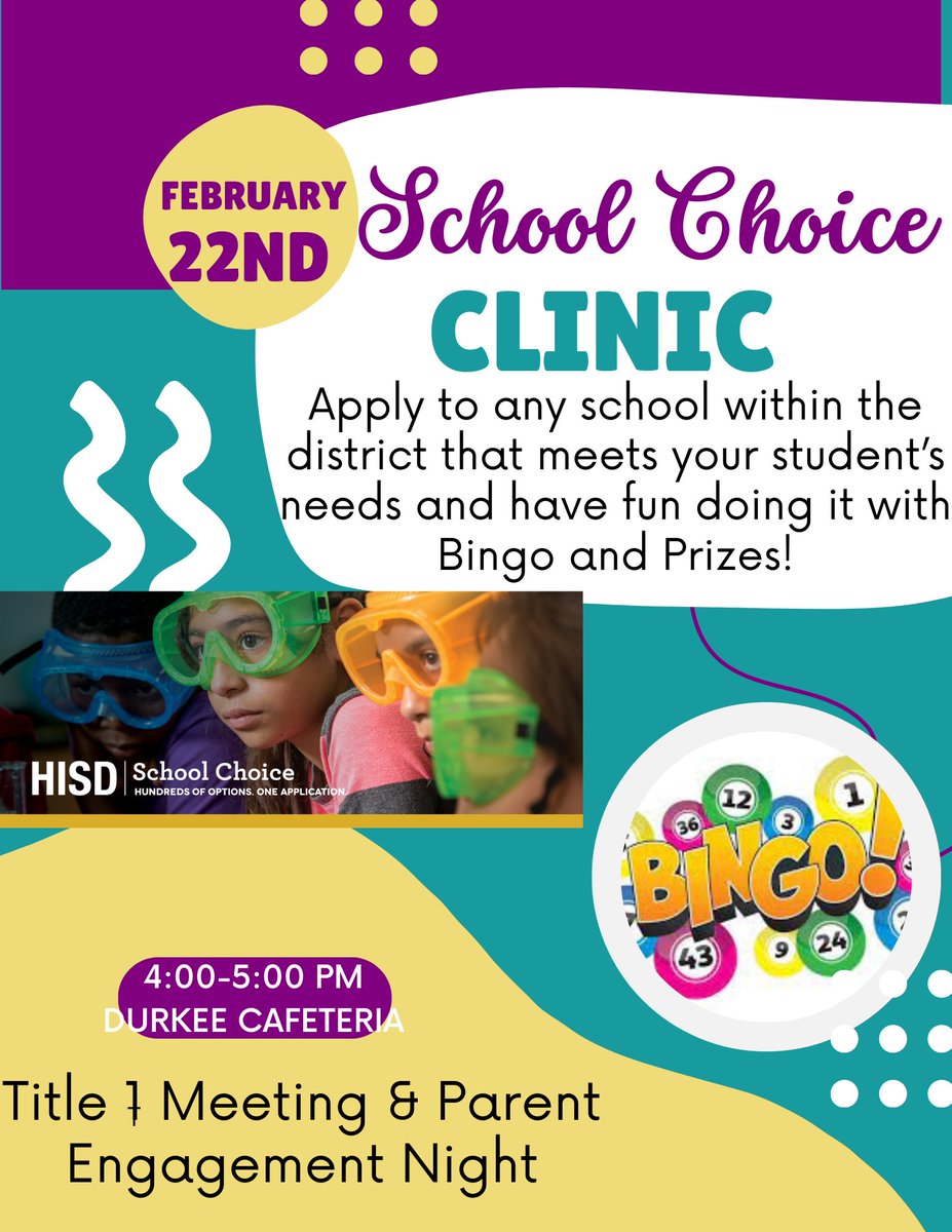 Join us Thursday, Feb. 22, at 4:00 p.m. for a Title I Meeting and School Choice Clinic at Durkee. We will also be playing PTO bingo for prizes. We look forward to seeing you!