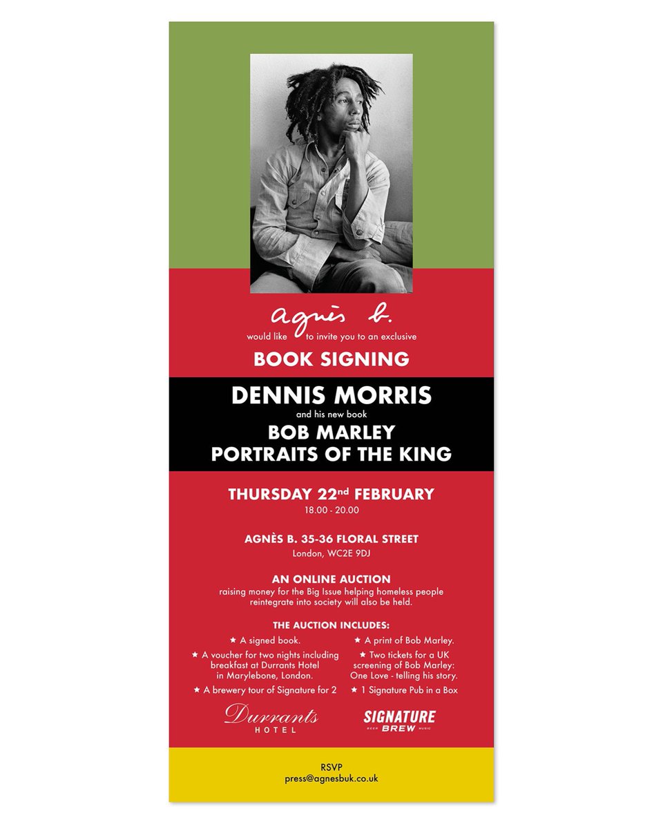 This Thursday (6-8 pm) at Agnes b Floral street, London, I will be signing copies of my #BobMarley book; we are also raising funds for the @BigIssue - check out our online auction uk.givergy.com/dennismorris/?… 📷 by #DennisMorris