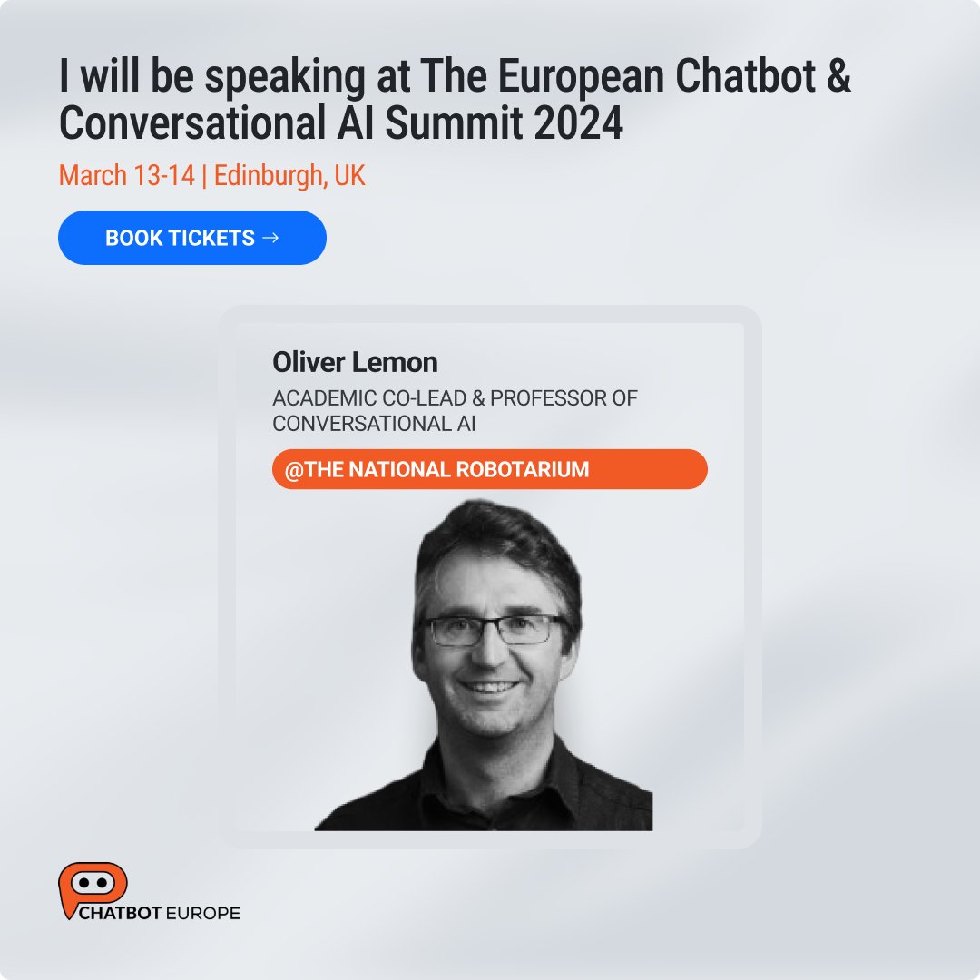 Upcoming talk: “Translating Generative AI from Research to Real-world Use Cases at #EUCHATBOT @iLab_hwu @NRobotarium @EDINrobotics @HeriotWattUni theeuropeanchatbot.com/agenda-2024/