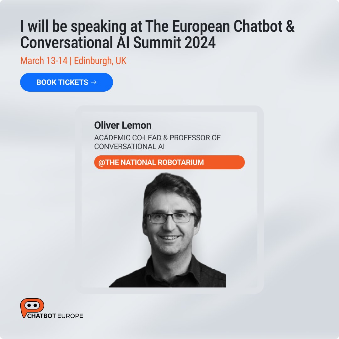 Upcoming talk: “Translating Generative AI from Research  to  Real-world Use  Cases    at #EUCHATBOT <a href="/iLab_hwu/">Interaction Lab</a>  @NRobotarium <a href="/EDINrobotics/">Edinburgh Robotics</a>  <a href="/HeriotWattUni/">Heriot-Watt University</a> theeuropeanchatbot.com/agenda-2024/