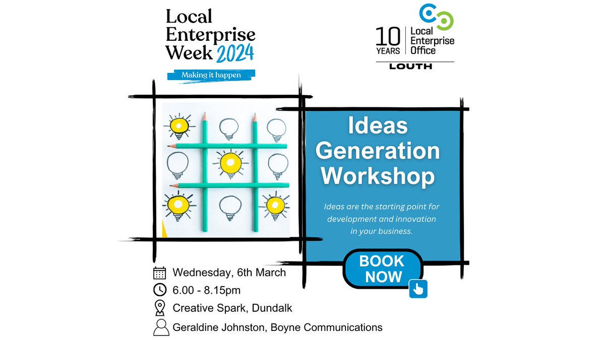 If you have an idea for your business that you would like to develop then take part in an Ideas Generation Workshop. Workshops take place: 04/03/24 in Ardee Business Park 05/03/24 in The Mill Drogheda 06/03/24 in Creative Spark Dundalk. Book on localenterprise.ie/louth