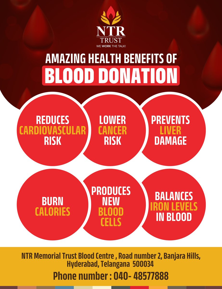 🚨 AMAZING HEALTH BENEFITS OF BLOOD DONATION.

★ REDUCES CARDIOVASCULAR RISK.
★ LOWER CANCER RISK.
★ PREVENTS LIVER DAMAGE.
★ BURN CALORIES.
★ PRODUCES NEW BLOOD CELLS.
★ BALANCES IRON LEVELS IN THE BLOOD.

#NTRTrust #NTRMemorialTrust