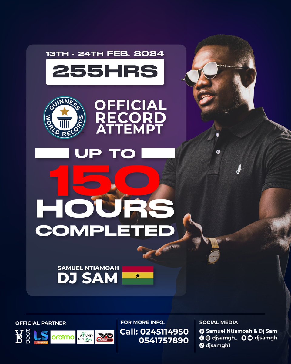 It’s officially 150 hrs Ghana’s @djsamgh_ attempts to break the Guinness World Record for Longest DJ Marathon It’s happening at Moodbar in Osu : @GunnarGuinnee3