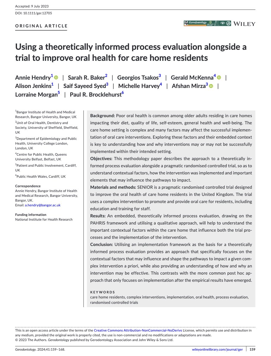 SENIOR is a @NIHRresearch cluster-randomised controlled trial being undertaken in care homes in Wales, Northern Ireland & England to test whether Dental Care Professionals (dental therapists & nurses) can improve oral health. Given that the care home setting is 🧵 #dentistry