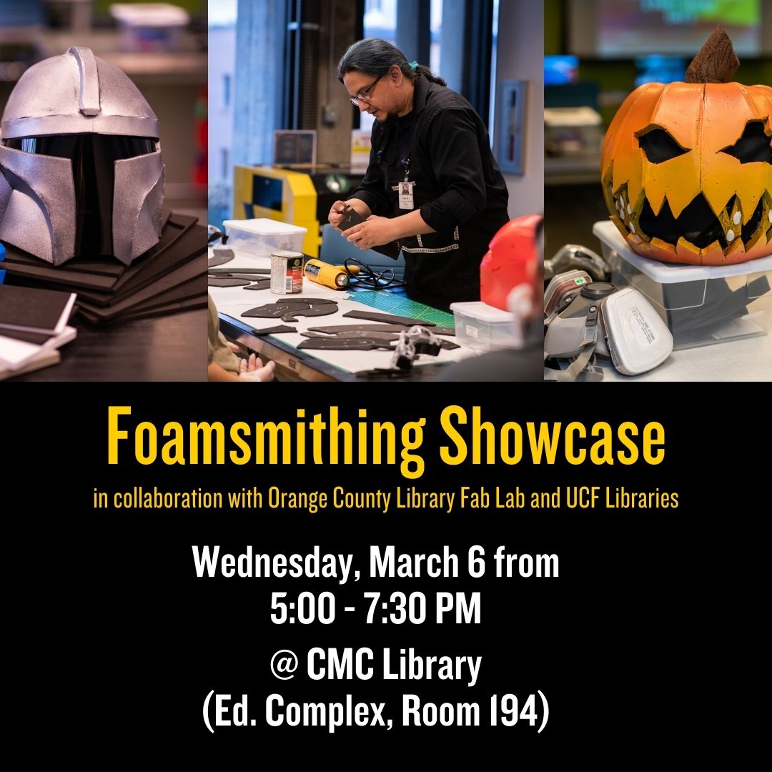 We're counting down the days until the Foamsmithing Showcase! ✨  Foamsmithing is the art of creating props and costumes using different types of foam products. The showcase is on Wednesday, March 6 from 5:00-7:30 PM in the CMC. We hope to see you all there!