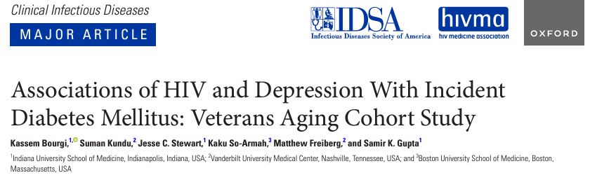 Highlighting the partnership between Indiana University and Vanderbilt with this newly published manuscript investigating the impact of HIV infection and depression on incident DM in the Veterans Aging Cohort Study. academic.oup.com/cid/article/78… @IUIDfellowship @IUSMDeptMed @IDSAInfo