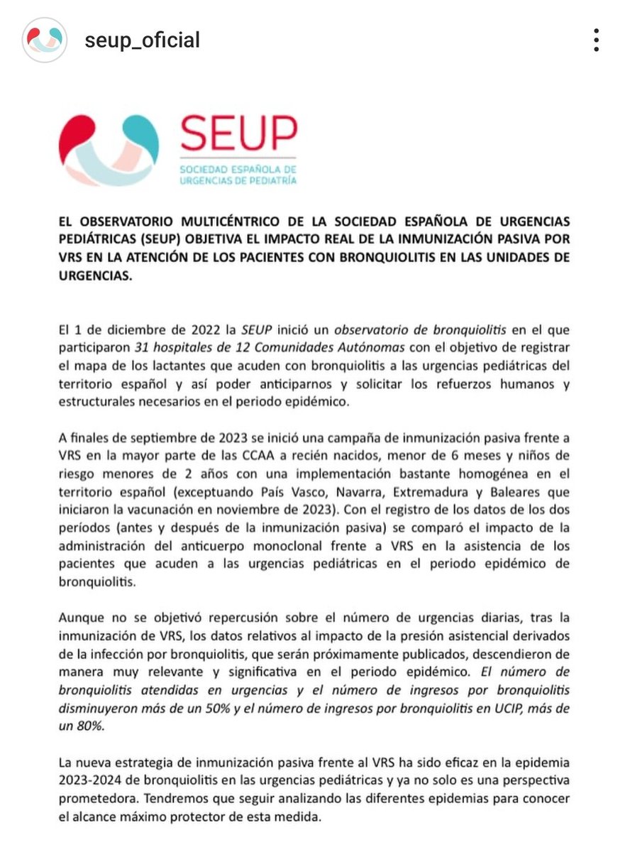 Ésta es una grandísima noticia
➡️La 'vacuna' contra el VRS, ha demostrado que:
'El n° de bronquiolitis atendidas en urgencias y el n°de ingresos por bronquiolitis disminuyeron más de un 50% y el n° de ingresos por bronquiolitis en UCIP, más de un 80%'
#lasvacunassalvanvidas