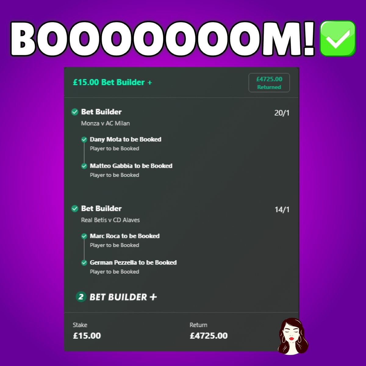 BOOOOOOOM! 😍✅ MY 314/1 BET BUILDER LANDS!🔥 This bet was posted on my Instagram page last night! 🫶 Every single person who ❤️ and retweets this tweet will get my tips for FREE! 👀 Turn my notifications on and drop me a follow so you don't miss out on more longshots🔔