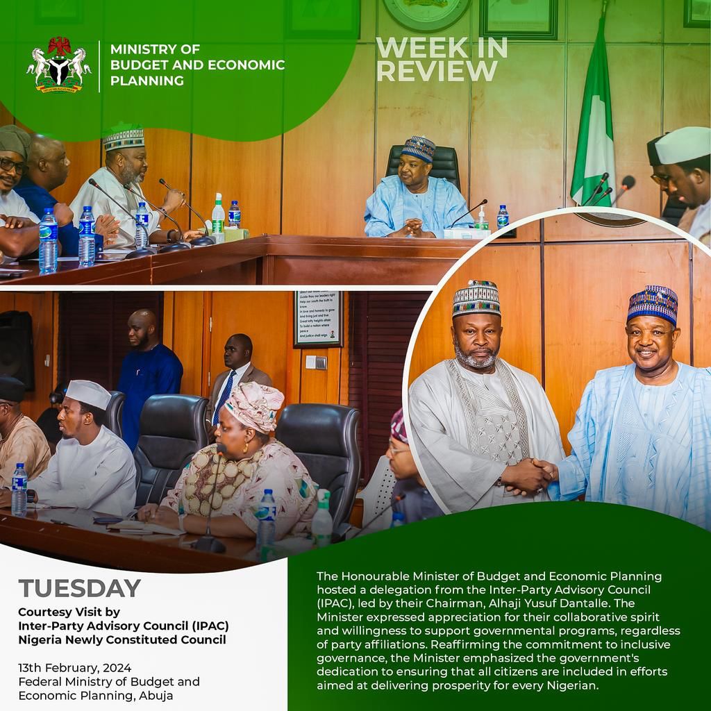 The Honourable Minister of Budget and Economic Planning, Sen. Abubakar Atiku Bagudu, CON Week in Review from 12th - 16th February, 2024

#RenewedHope 
#WeeklyReview