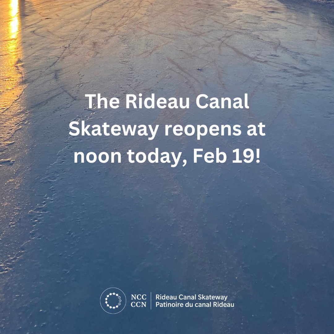 The #RideauCanal Skateway will reopen at noon today, Feb 19! Last night we swept, graded and flooded the ice. Conditions are still variable. Our teams are working to improve the surface, and the cold is going to help firm everything up. See you on the ice for Family Day!