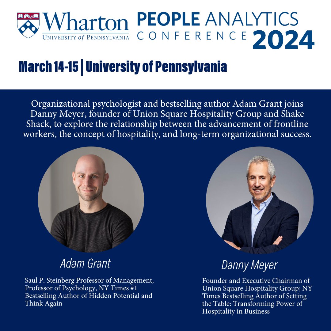 Exciting Announcement! Join us at the 11th annual Wharton People Analytics Conference to hear @AdamMGrant and @dhmeyer, Founder @shakeshack, talk about hospitality, frontline workers, & more. Get your ticket today! #PAC11 whr.tn/PAC11
