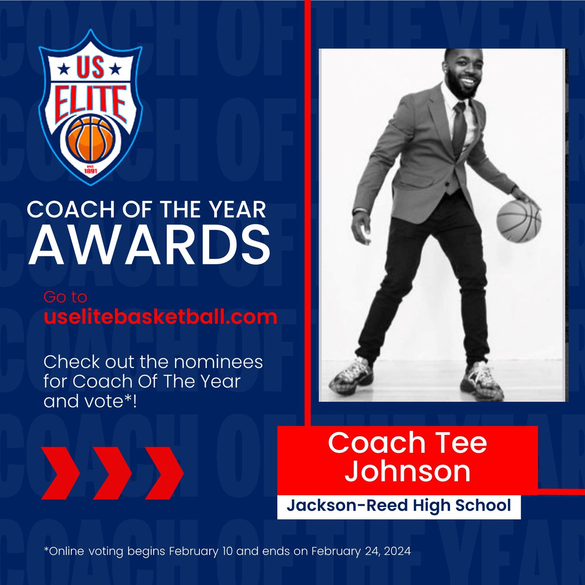 Congratulations to Coach Tee Johnson of Jackson- Reed High School for being nominated as Coach of the Year! #uselitebasketball