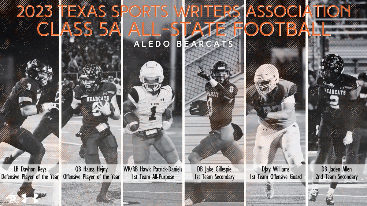 Congrats to these Bearcat playmakers for being named to the TX Sports Writers Association 5A All-State FB team! 🏆@dak3ys Defensive POY 🏆@HaussHejny Offensive POY 1⃣st team: @yunghawk_1 All-Purpose; @jake0gillespie Secondary; @DJayW2024 OG 2⃣nd Team: @MrChip06 Secondary #PTT