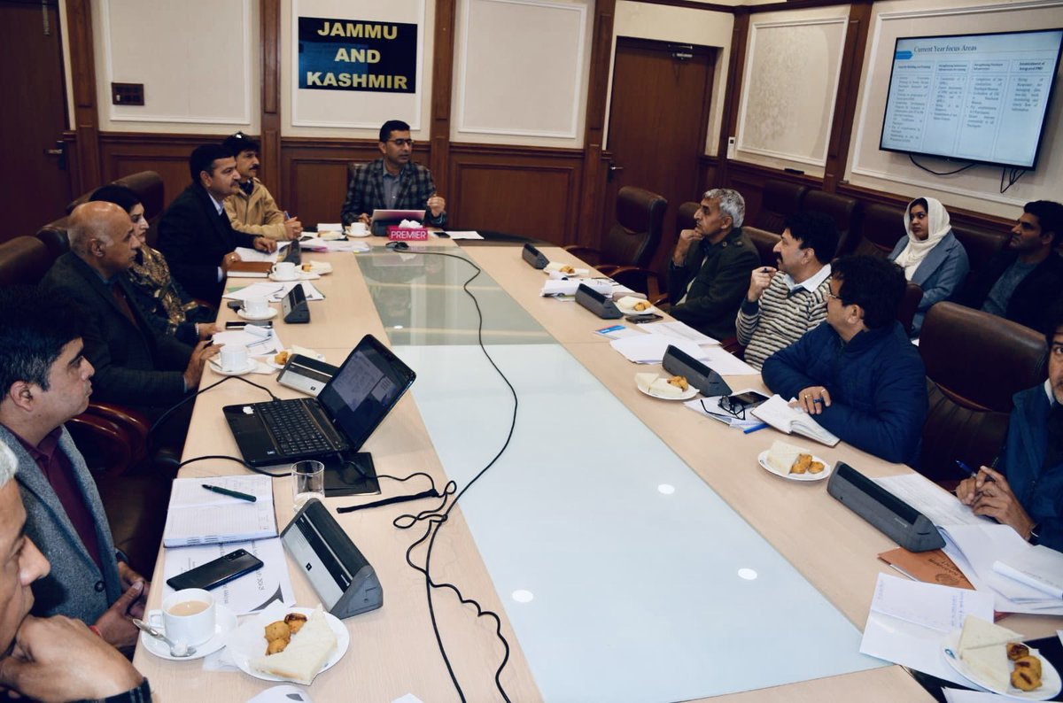 Secretary Dr. Shahid Iqbal Choudhary, reviews RGSA Annual ActionPlan 2024-25, stressing Panchayat infrastructure boost & training quality improvement. Dir Panchayati Raj, Sham Lal, presents progress. Also present: Dir RDD Kashmir Shabir Hussain Bhat, Dir RDD Jammu @listenshahid