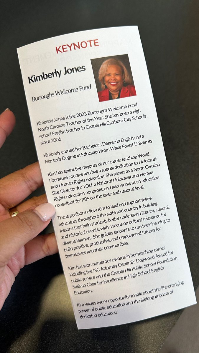 DudleyFloodCtr's tweet photo. 2023 @BWFUND Teacher of the Year, Kimberly Jones is our keynote for the #MappingtheMovement breakfast this morning. She has been a high school English teacher in @chccs since 2006. Learn more here: https://t.co/jT7RrtfzVw #NCed #MTM https://t.co/ZvbNIHK58l