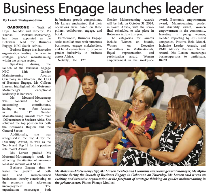 BusinessEngage's tweet photo. Theriso Motsumi-Motsemeng, founder of Walk of Hope, is now Botswana lead for Business Engage! As pioneers in gender mainstreaming, this appointment is a step forward. Read more: https://t.co/ntwhWYWK0m•-24-WDsmals_240219_123025.pdf

#GenderMainstreaming #LeadershipExcellence https://t.co/2GL2pC0j1p