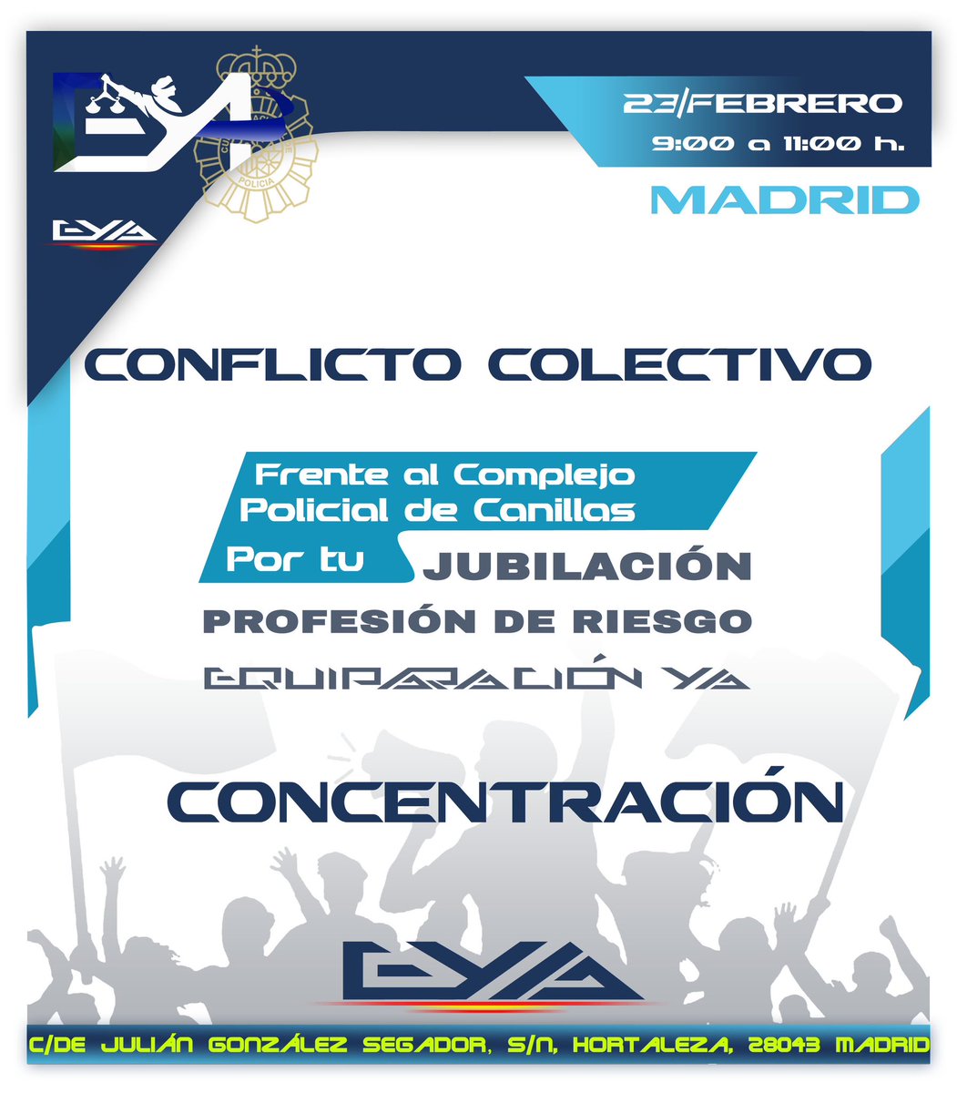 📣Concentración #23Febrero 

📍C. de Julián González Segador, s/n, Hortaleza, 28043 #Madrid
(Frente al Complejo Policial de Canillas) 

El #ConflicoColectivo es transversal e inexorable 

🚨Desde diferentes comisarías de nuestro país, se solicita a todos los sindicatos…