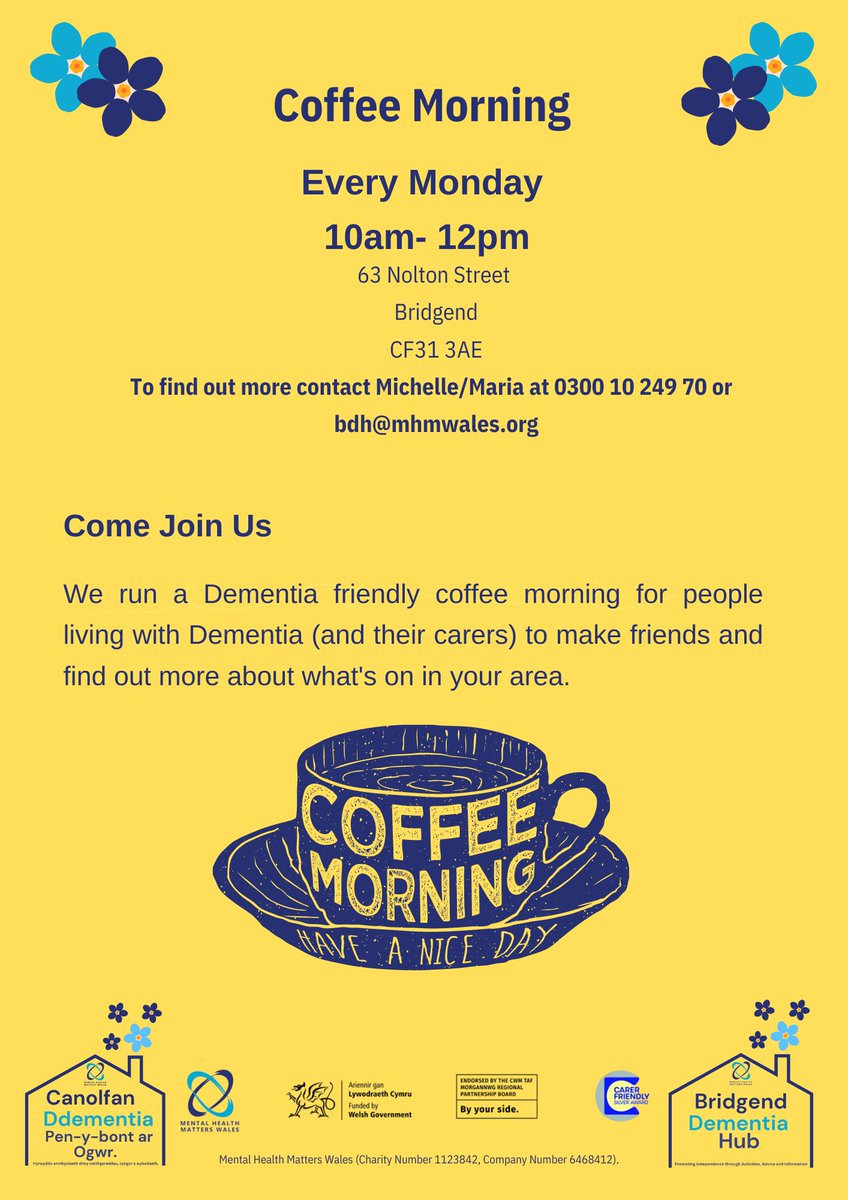 ☕️Coffee Morning☕️ Living with #dementia or caring for someone who is? Come and join us at Bridgend Dementia Hub every Monday between 10am and 12pm for beverages, peer support and community information. #bdh #dementiaservice #bridgend #coffeemorning #information #community
