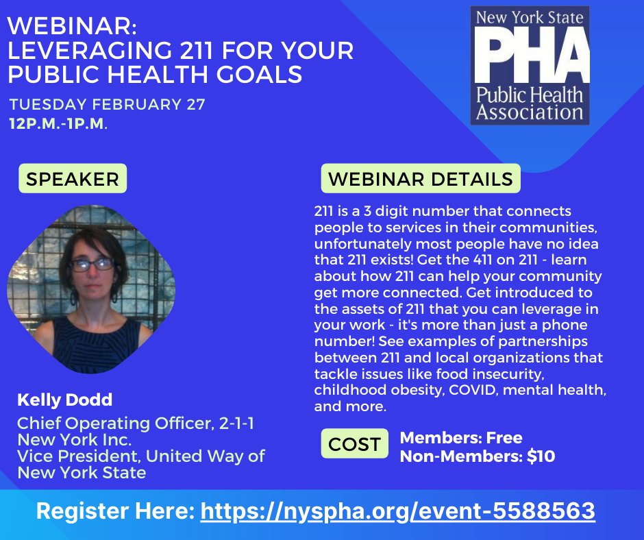 Join us and @UnitedWayNYS on 2/27 to learn more about leveraging 211 for your public health goals. Register here: nyspha.org/event-5588563