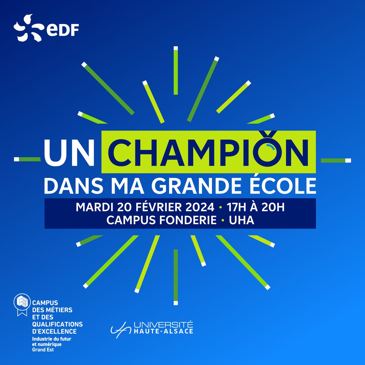 EDF_GrandEst's tweet photo. Un Champion Dans Ma Grande École🏆
20/02🗓️@Lanzaa_Angelina du #TeamEDF sera présente au campus de la Fonderie à l'@UHA68 dans le cadre du programme #enJeuxdAvenir2024
Au programme : ateliers de sensibilisation pour découvrir et tester les disciplines paralympiques
#EnergieduSport https://t.co/qERUC6h4qb