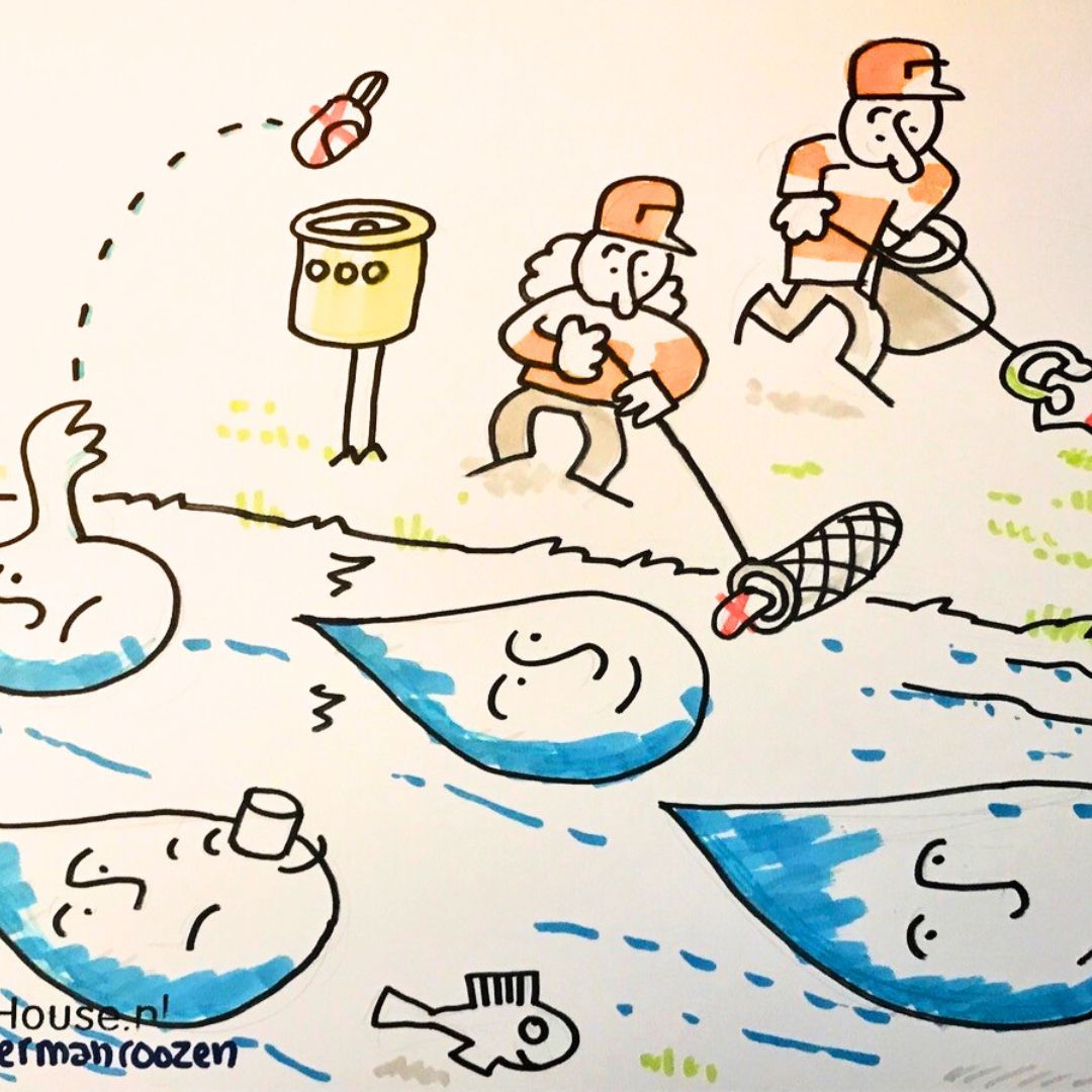 Uit alle waterwensen koos Hanna de Boer, Jeugdbestuurder van @waterrijnijssel, de wens van  Taeke: 'Ik wens dat de mens minder vuil achterlaat in de rivier of zee'. Cartoonist Herman Roozen maakte er een sprekende tekening van. @CentreUnusual