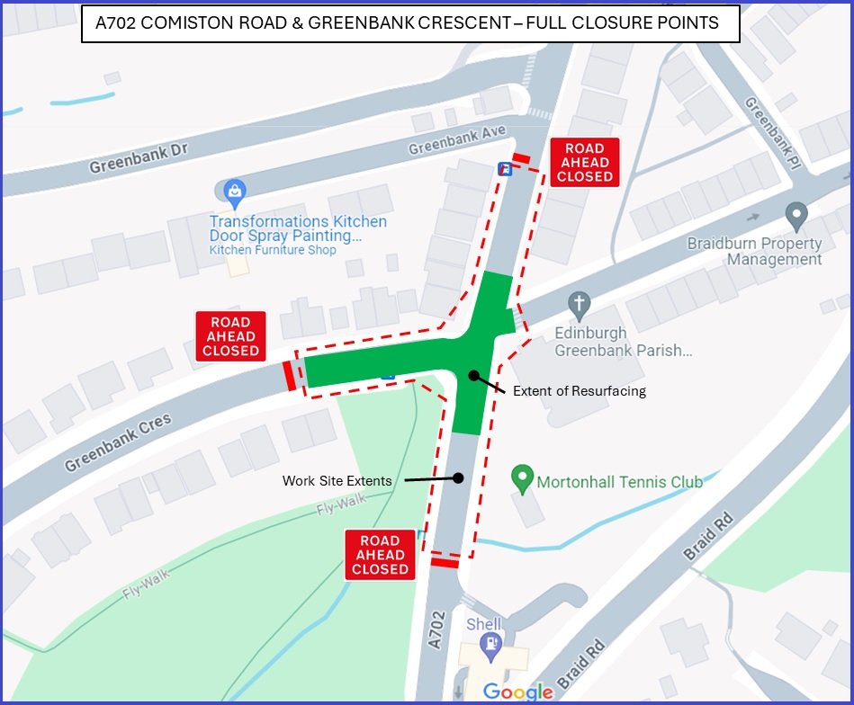 Advance notice of closure of Comiston Road / Greenbank Crescent junction next week for final carriageway resurfacing.

In place 7pm - 6am for 5 nights starting Mon 26 Feb.

#edintravel