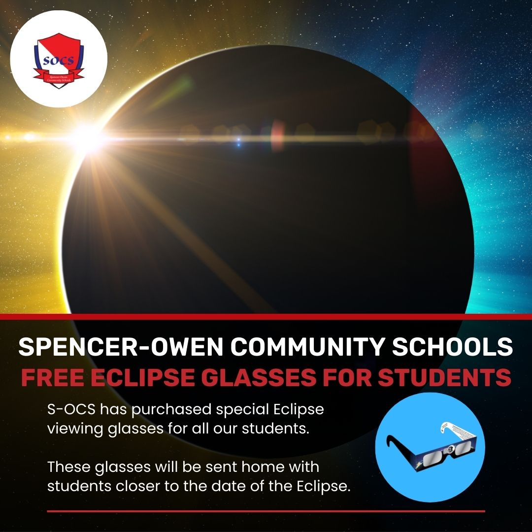 Spencer-Owen Community Schools has purchased special Eclipse viewing glasses for all our students.  

These glasses will be sent home with students in early April.

#Eclipse2024