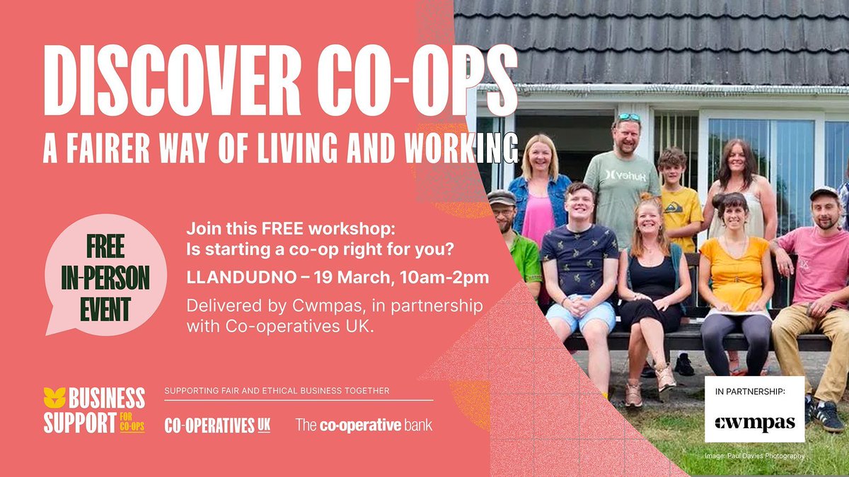 Is starting a co-op right for you? Find out in one of three free workshops we’re hosting with @CooperativesUK in March. Join us in Cardiff, Newtown, or Llandudno to learn more and get support. 🎟️: buff.ly/3OJo7C7