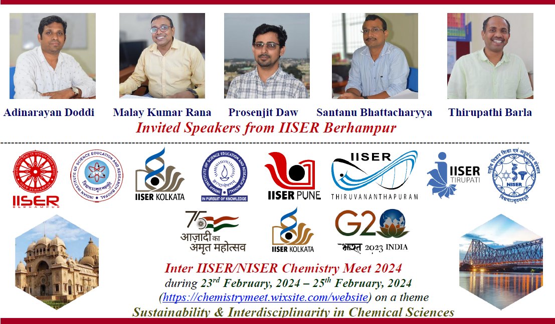 IINCM2024 (@iincm_2024) on Twitter photo Excited to announce that Adinarayan Doddi, Malay Kumar Rana, Prosenjit Daw, Santanu Bhattacharyya, and Thirupathi Barla from IISER Berhampur will be delivering invited lectures at IINCM 2024 hosted by IISER Kolkata! Be sure to mark your calendars!
<a href="/IISER_BERHAMPUR/">IISER Berhampur</a> <a href="/dcsiiserkol/">Department of Chemical Sciences IISER Kolkata</a> Excited to announce that Adinarayan Doddi, Malay Kumar Rana, Prosenjit Daw, Santanu Bhattacharyya, and Thirupathi Barla from IISER Berhampur will be delivering invited lectures at IINCM 2024 hosted by IISER Kolkata! Be sure to mark your calendars!
<a href="/IISER_BERHAMPUR/">IISER Berhampur</a> <a href="/dcsiiserkol/">Department of Chemical Sciences IISER Kolkata</a>