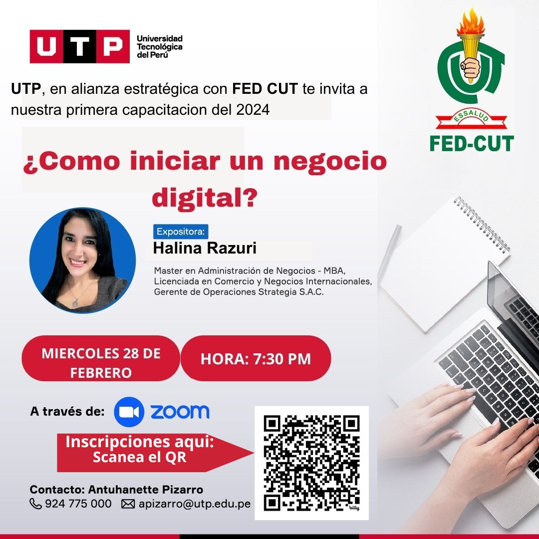 ☑️ Escanea el código QR e inscríbete al curso '¿Cómo iniciar un negocio digital?'
🗓️ Miércoles 28 de febrero
🕖 7:30 P.M.

#fedcut #essalud #utp #negociodigital