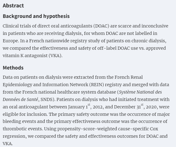 NDTsocial's tweet photo. Effectiveness and safety of direct oral anticoagulants versus vitamin K antagonists in patients on chronic dialysis: a nationwide registry study

https://t.co/QPqL7qtrNm

➡️This study provides reassurance regarding the off-label use of DOACs in people on dialysis https://t.co/GDZklRVDoC