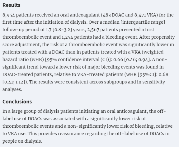 Effectiveness and safety of direct oral anticoagulants versus vitamin K antagonists in patients on chronic dialysis: a nationwide registry study

doi.org/10.1093/ndt/gf…

➡️This study provides reassurance regarding the off-label use of DOACs in people on dialysis