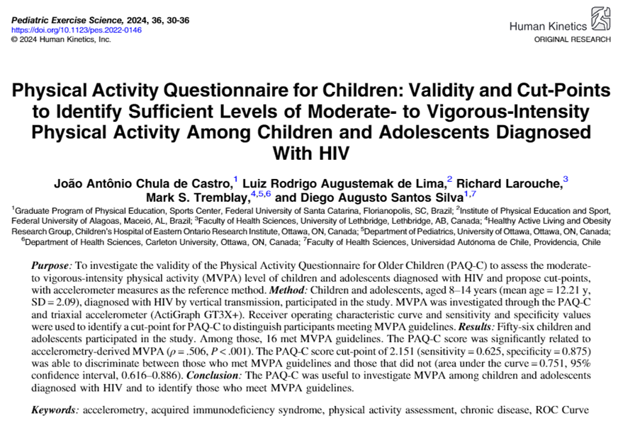 Castro et al. studied the validity of the Physical Activity Questionnaire for Older Children (PAQ-C) in assessing moderate to vigorous physical activity (MVPA) levels in children and adolescents with HIV. Read: journals.humankinetics.com/view/journals/…