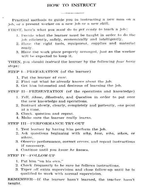 timsurma's tweet photo. a series of steps titled "How to Instruct" developed during World War II (War Manpower Commission, 1945). It is very similar to the work of Gagne, Hunter, and Good and Grouws. Is this the birthplace of Rosenshine's principles? ;-) https://t.co/NO9tllSnRU