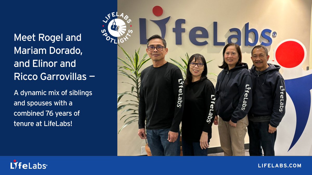 It’s all in the family at LifeLabs! Meet the Fab Four: Rogel & Miriam, Elinor & Rico a dynamic mix of siblings and spouses with a combined 76 years of tenure at LifeLabs! Join us as we celebrate Family Day, their bond & the spirit of teamwork. bit.ly/49jWJTy