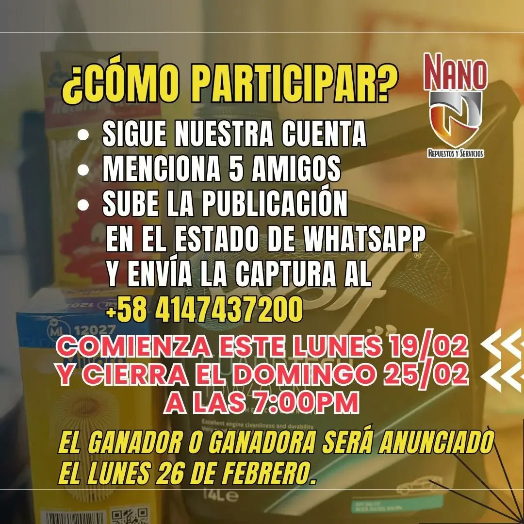 Nano_rys's tweet photo. 🏅SORTEO EN INSTAGRAM🏅

🥳Andamos obsequiado un kit completo de aceite, filtro con cambio y revisión incluída🔥

Gracias por su fidelidad y receptividad con nuestro negocio @nanorepuestosyservicios 🫂 https://t.co/aMylQIFH2C